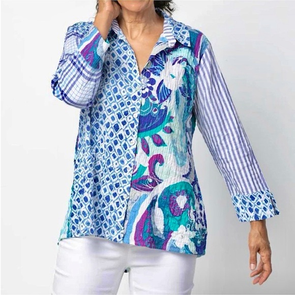 HABITAT Patchwork Button Up Shirt Blouse S Artsy Vacation Spring Boho Lagenlook - Picture 12 of 12